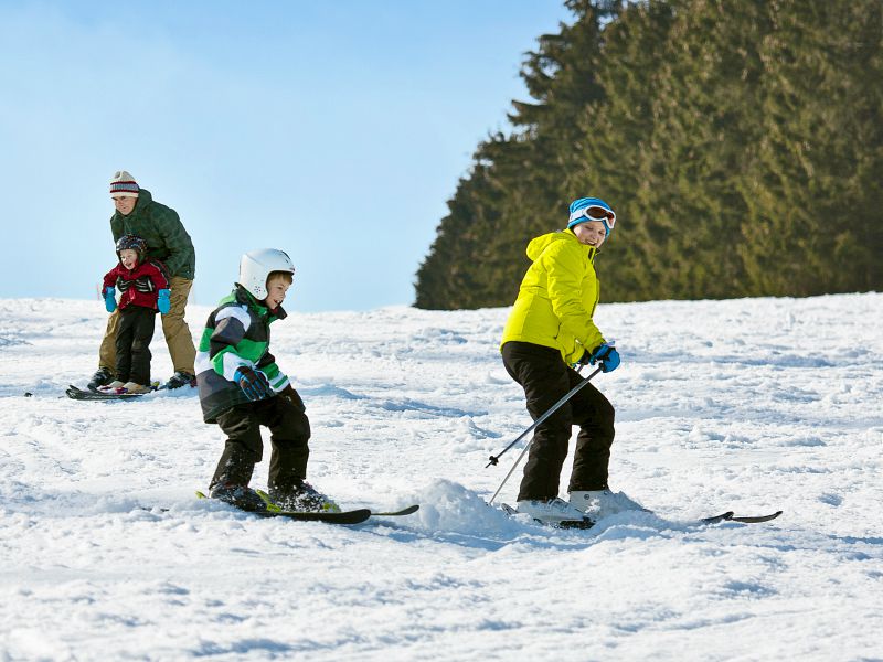 gezin komt op de ski's de berg af